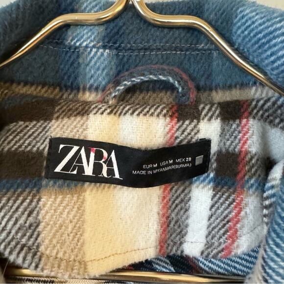 Zara Blue and Brown Plaid Fleece Roll Tab Sleeve Shacket Shirt Jacket M - Picture 8 of 9